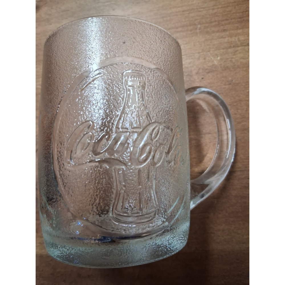 Vintage Coca Cola Frosted Glass Mug  - Embossed Bottle Pebbled Script Mug